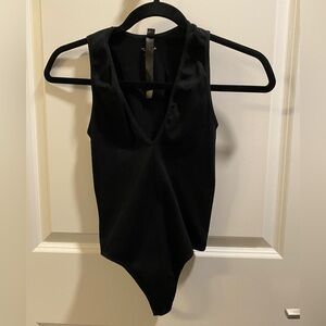 Black Ribbed V-Neck Bodysuit